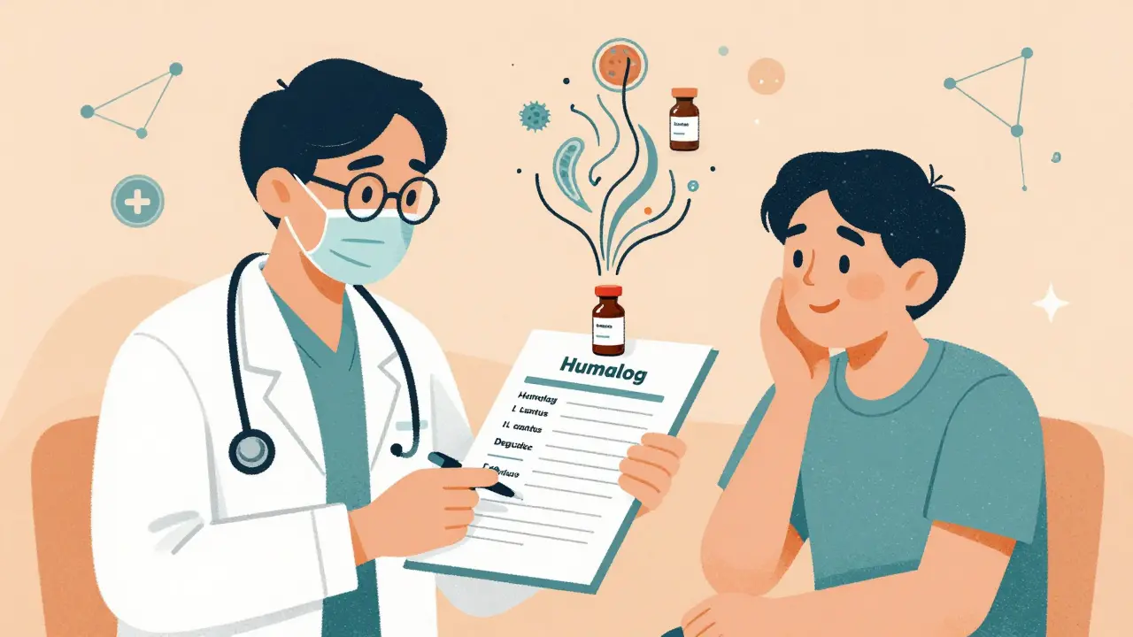 Doctor and patient reviewing insulin options with immune response patterns, conveying safe treatment alternatives.