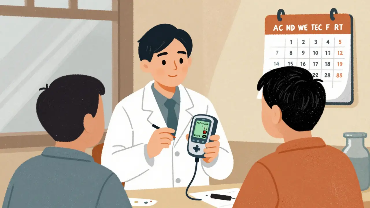 Doctor using point-of-care device to check blood count in rural clinic with missed test calendar.