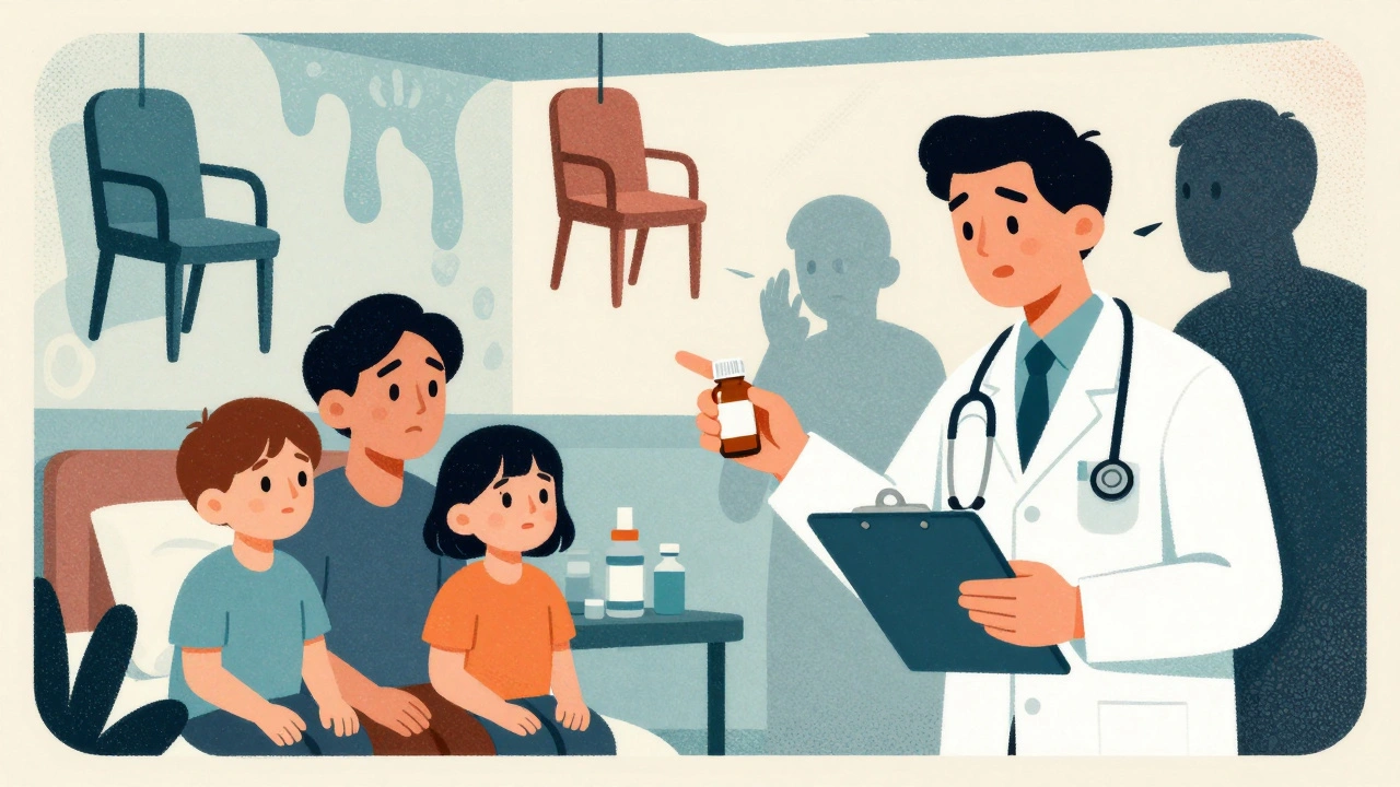 Emergency room scene with a patient experiencing hallucinations while family and doctor react nearby.