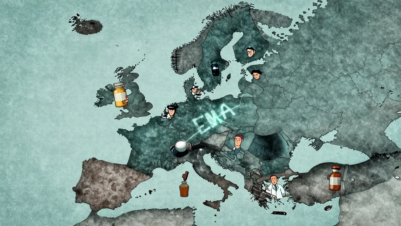European countries as puzzle pieces connected to EMA hub with pill bottles