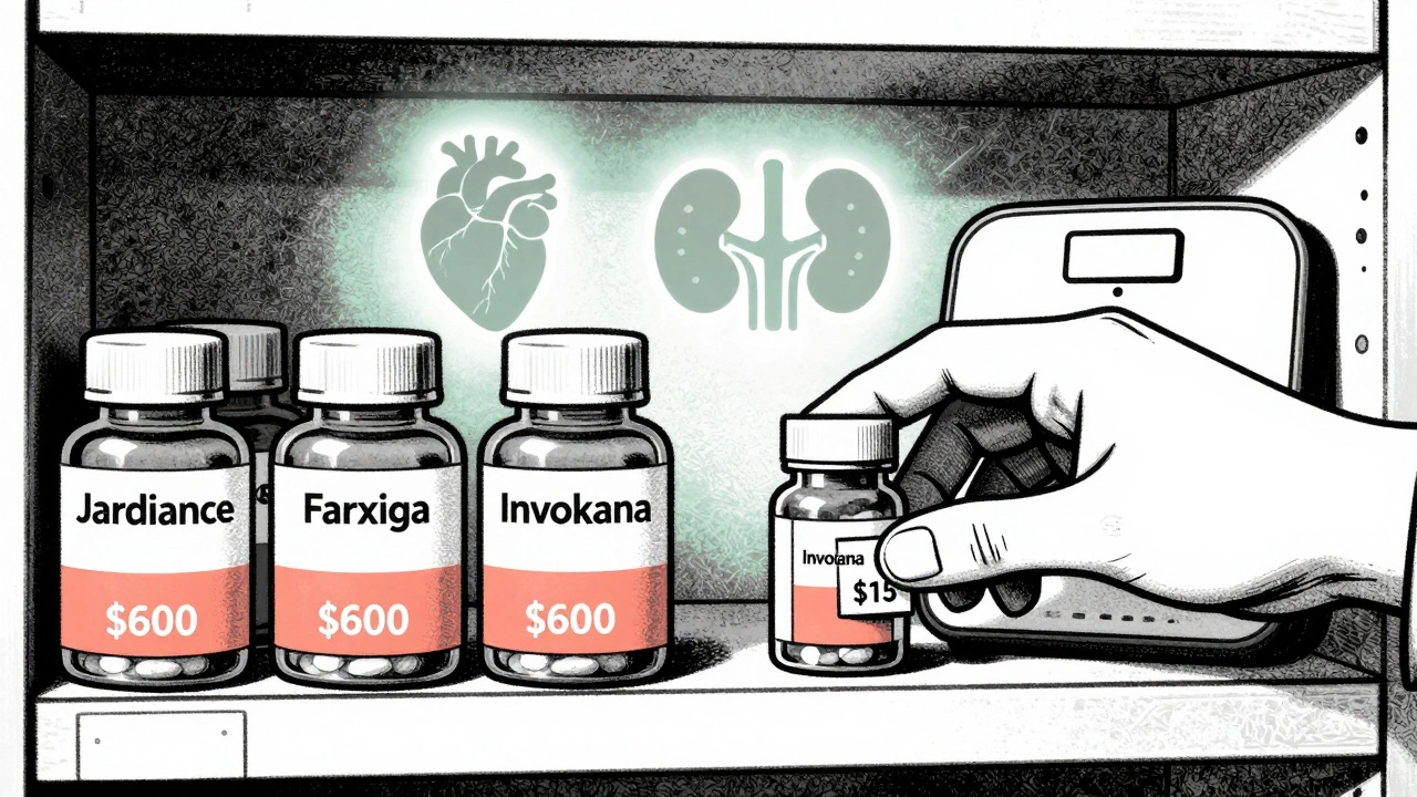 Expensive diabetes pills on a shelf with one discounted, surrounded by health icons.