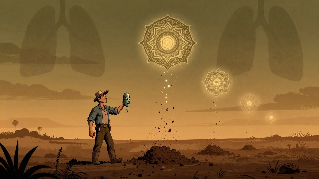 Farmer surrounded by fungal spores rising from soil, illustrated in earthy screenprint palette.