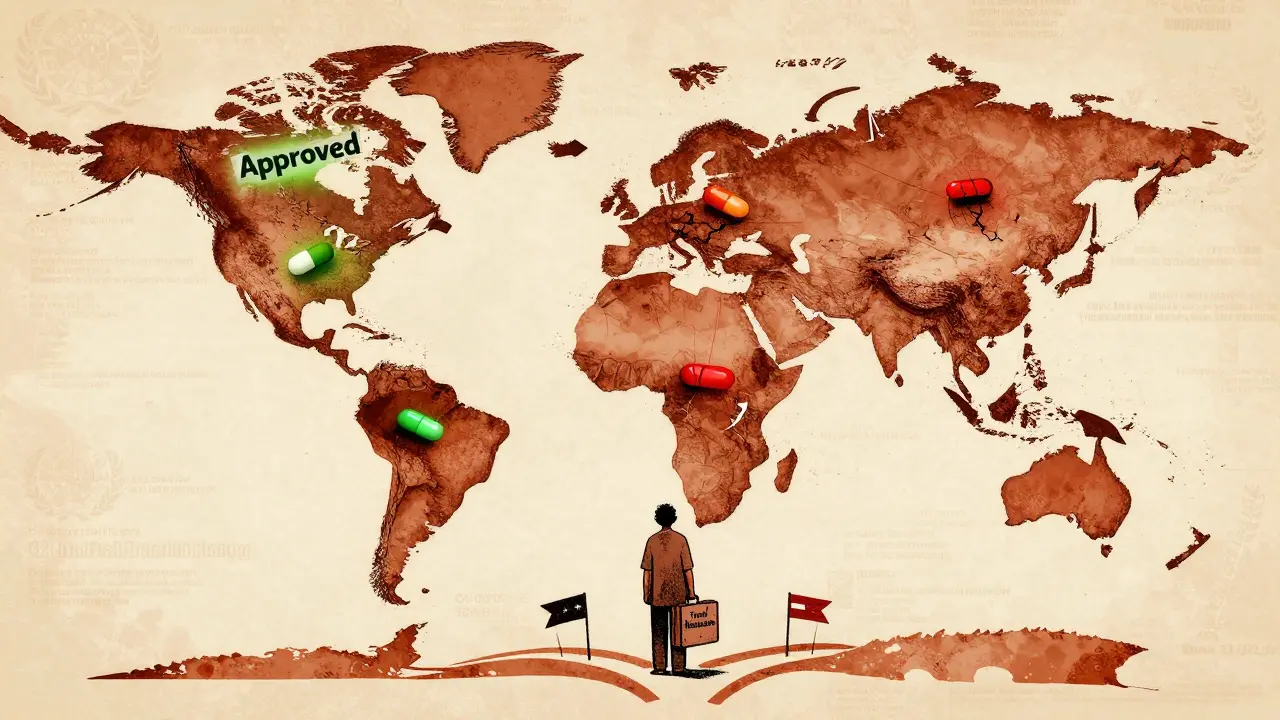 Global map with approved and unsafe pills, patient at crossroads
