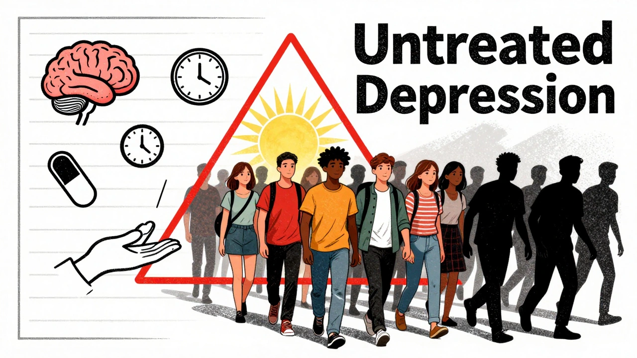 Medical chart with floating icons and warning triangle, young people walking toward sunlight.