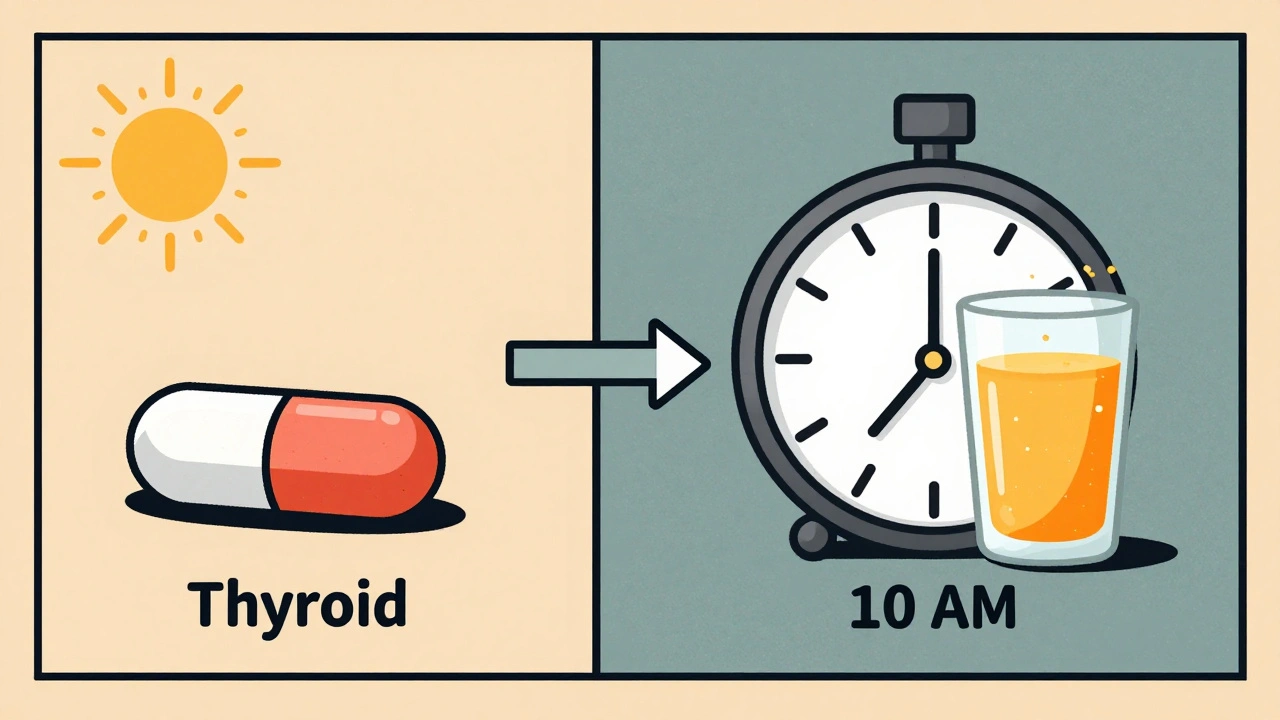 Morning timeline showing thyroid pill followed by iron with orange juice, depicted in graphic screenprint panels.