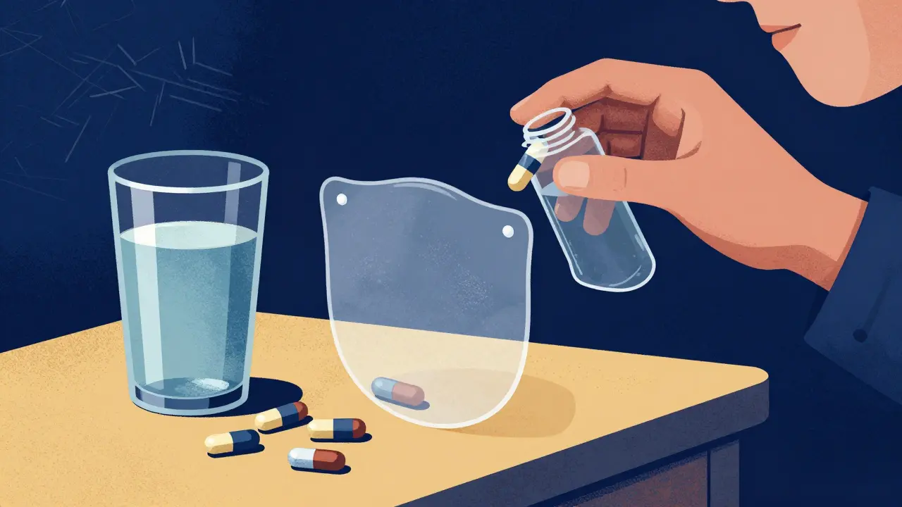 Nighttime scene of someone taking fiber with water, while a gel barrier separates their evening medications on a bedside table.