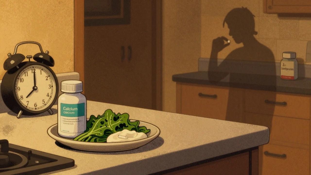 Nighttime scene with calcium supplement and food beside a distant thyroid pill, rendered in muted screenprint tones.