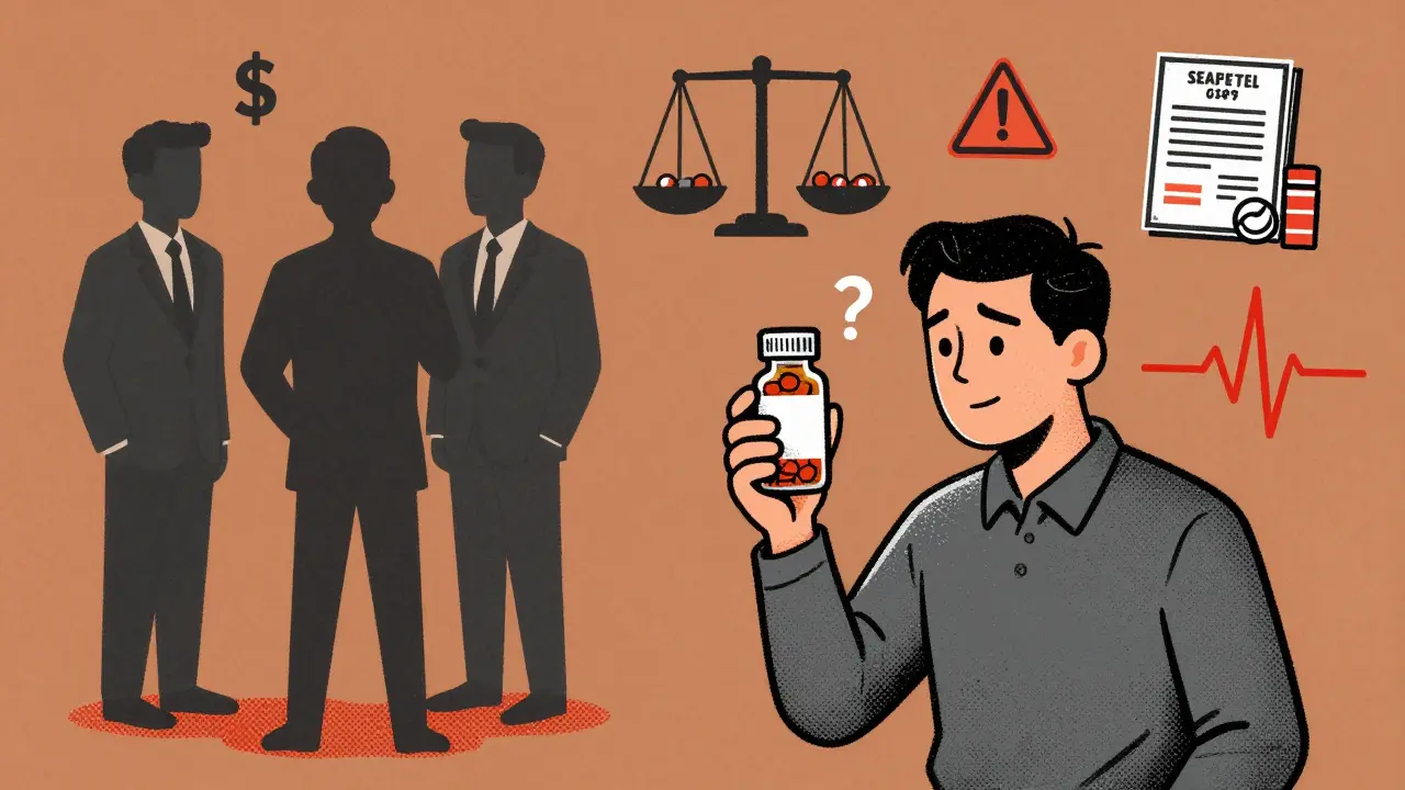 Patient holding pill bottle surrounded by icons of cost, risk, and regulation in screenprint style.