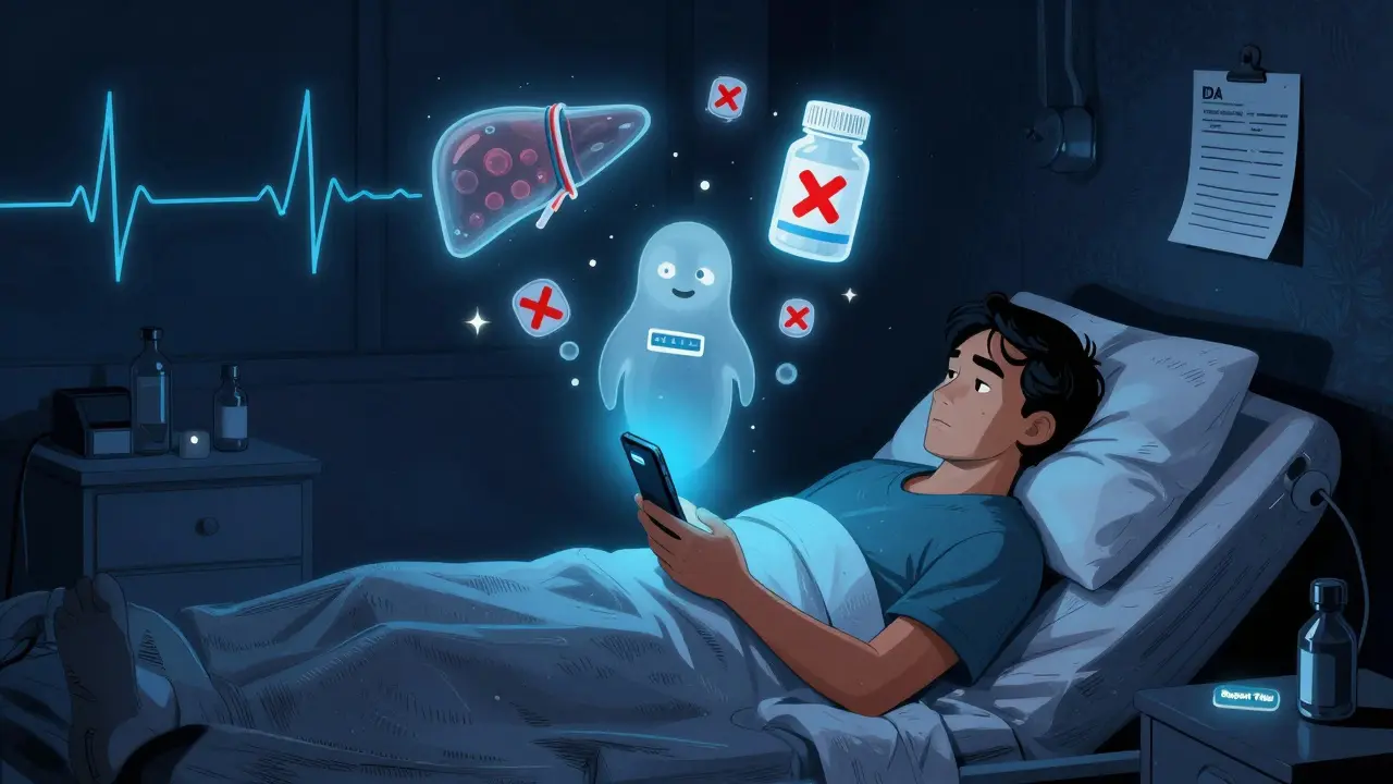 Patient in bed viewing FDA alert on phone, with ghostly medical icons floating above in dark tones.