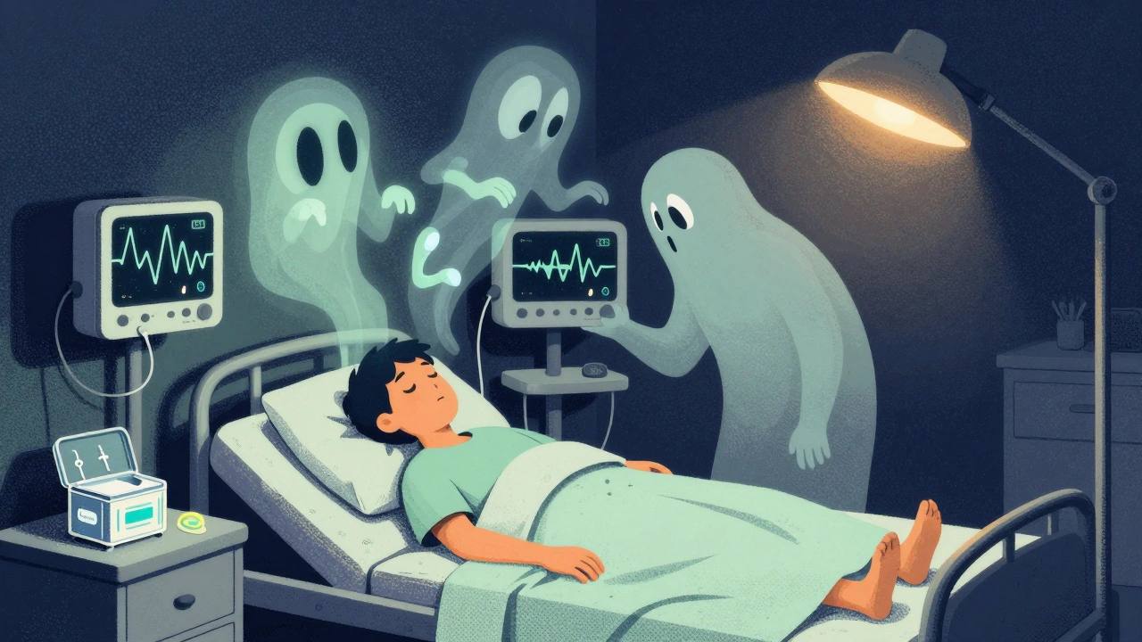 Patient in sleep lab with ghostly REM intrusions hovering above, monitors showing irregular brain waves.