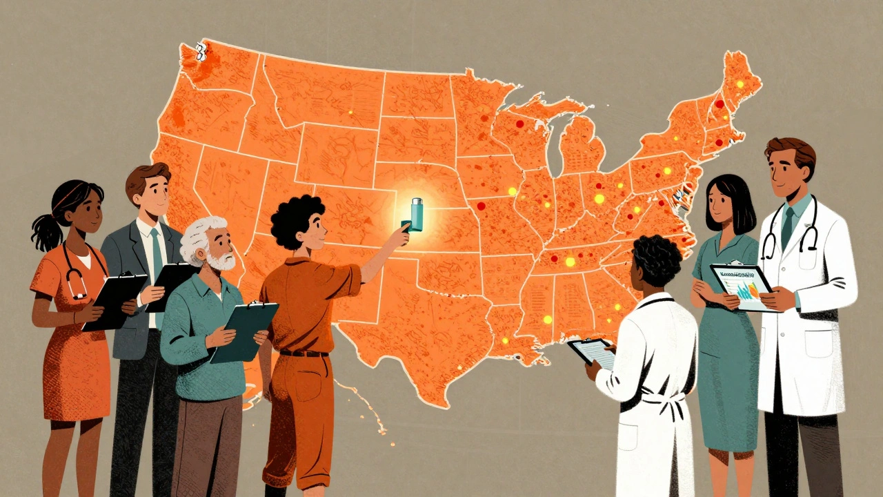 Patients and doctors examine a glowing U.S. map pulsing with adverse event reports.