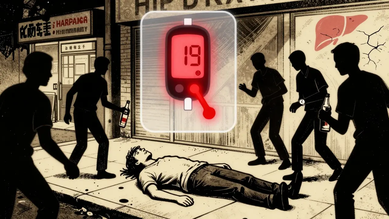 Person collapsed at night, mistaken for intoxication, while internal CGM alerts show life-threatening low blood sugar.