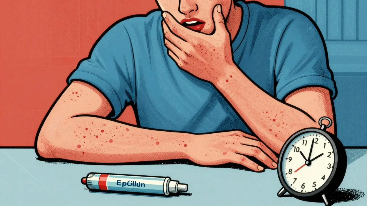 Person experiencing allergic reaction with hives and swollen lips, EpiPen visible on table beside them.
