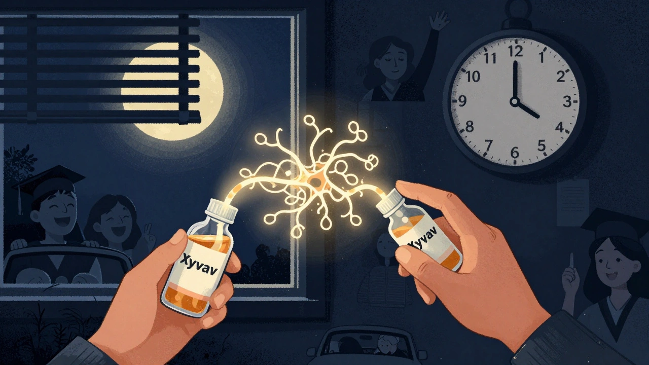 Person taking sodium oxybate at midnight, glowing neural pathway reconnecting as life symbols appear in background.