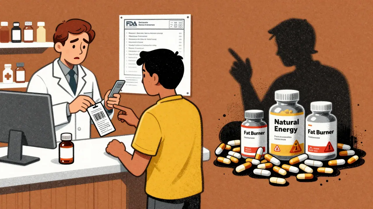 Pharmacist checking FDA alert on tablet while unregulated supplements with warning symbols sit in shadow.