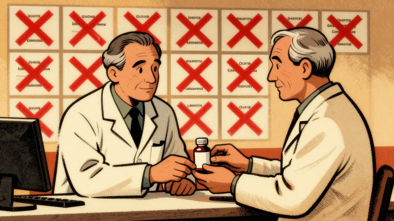 Pharmacist gives melatonin to senior, with flagged medications crossed out in a stylized grid behind them.
