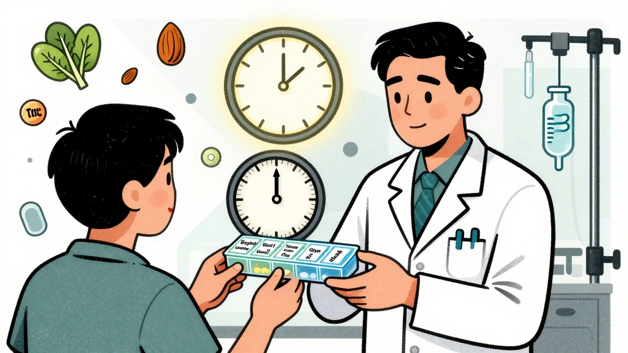 Pharmacist giving patient a timed pill organizer with visual clock, surrounded by food and medication icons.