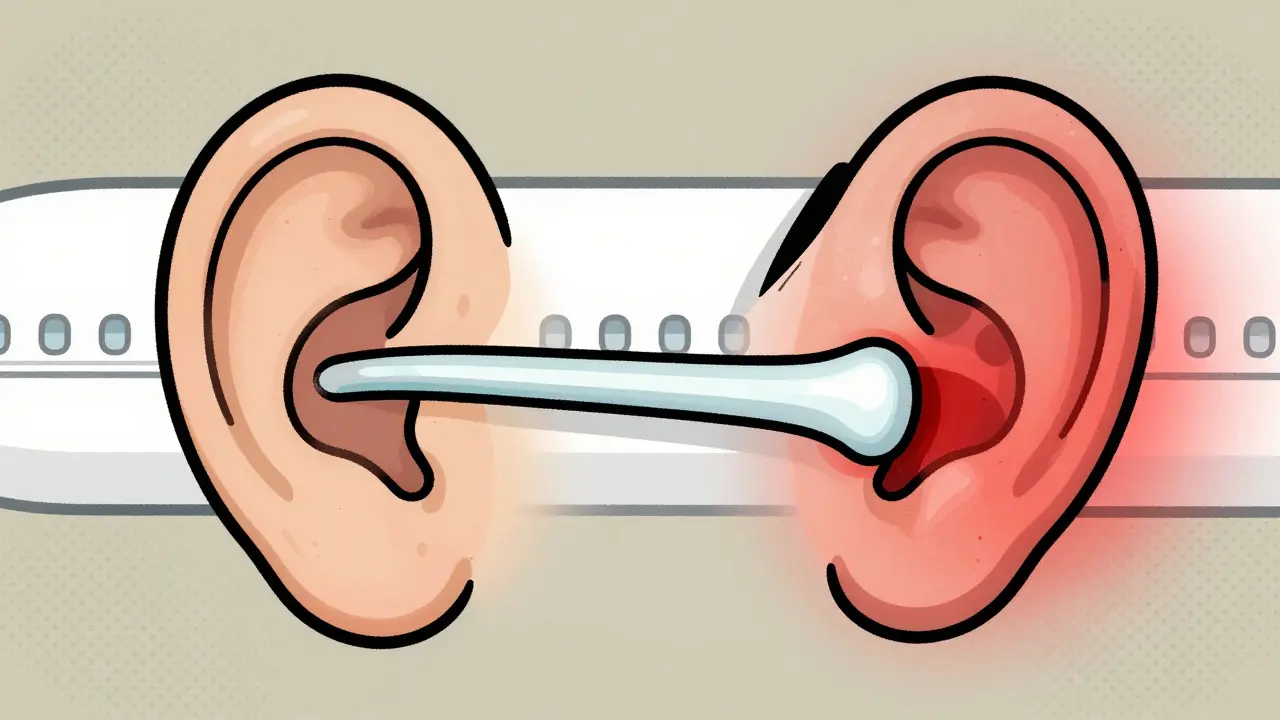 Side-by-side illustration of healthy vs. blocked Eustachian tubes during flight, with airplane cross-section background.