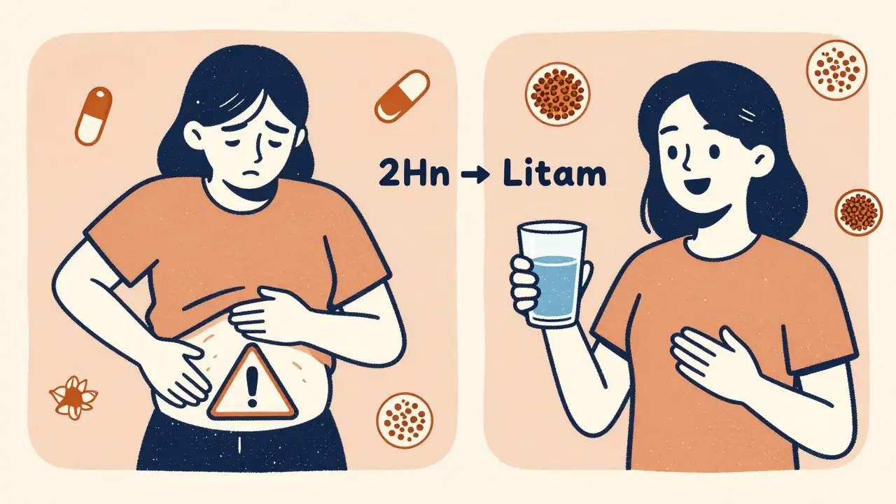 Split illustration showing discomfort from poor fiber timing versus relief with proper 2-hour separation from medications.