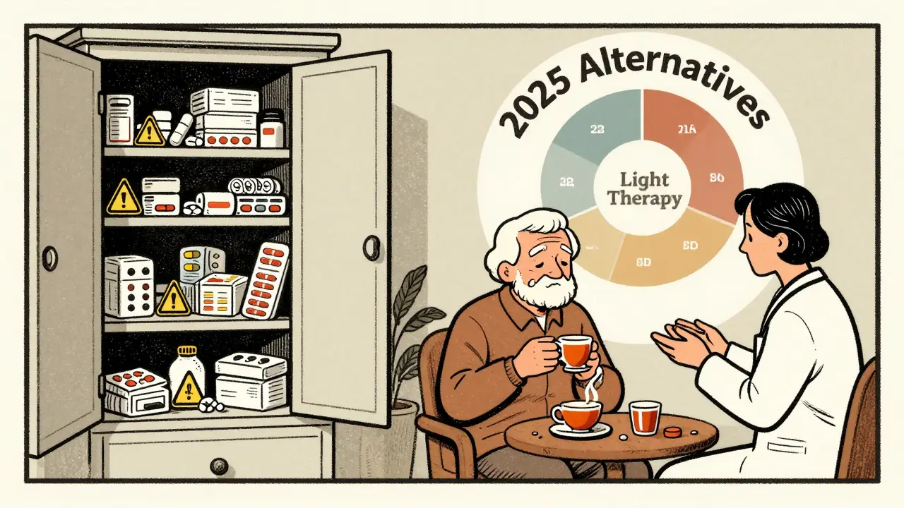 Split image: chaotic medicine cabinet vs. calm senior with light therapy, labeled '2025 Alternatives'.
