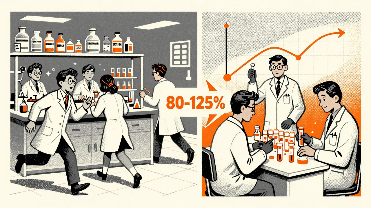 Split laboratory scene: 1970s brand drug trials on left, modern bioequivalence testing on right, connected by an 80-125% arrow.