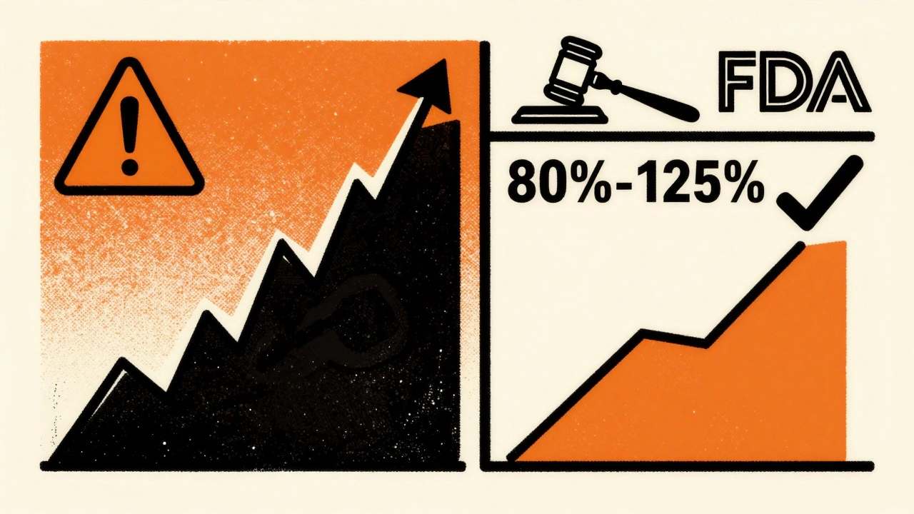 Split-panel comparison of fast vs. slow drug release, with regulatory scale and FDA emblem above.