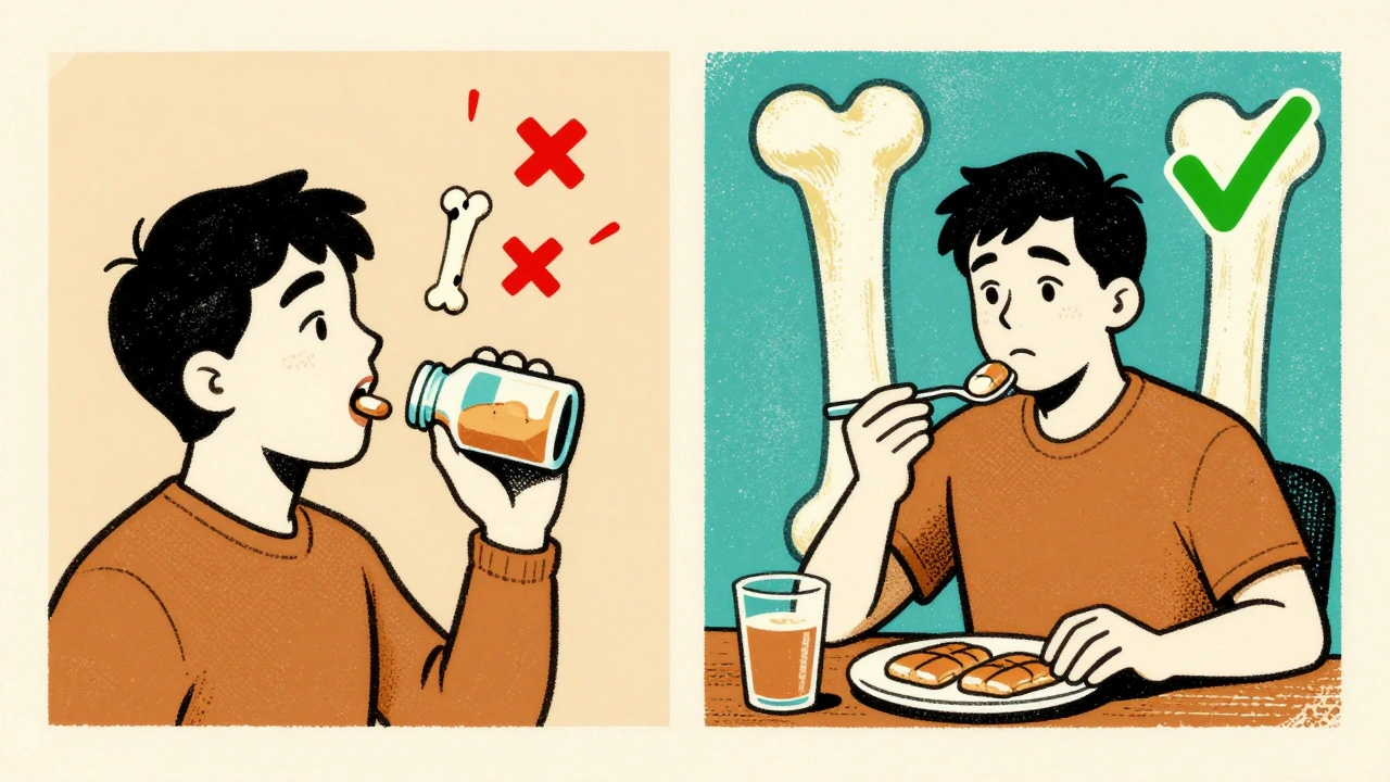 Split scene: left shows incorrect timing with damaged bones, right shows correct timing with healthy bones and breakfast.