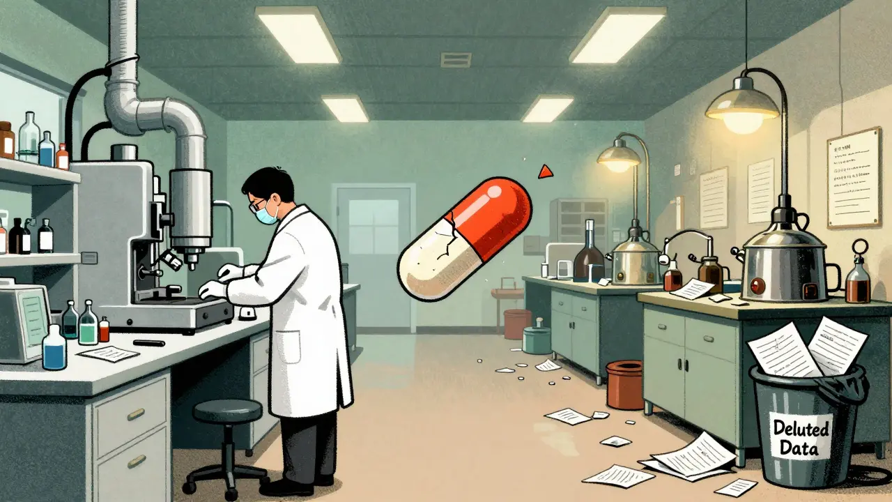 Split scene: modern U.S. lab vs. outdated Chinese plant with deleted data and cracked pill.