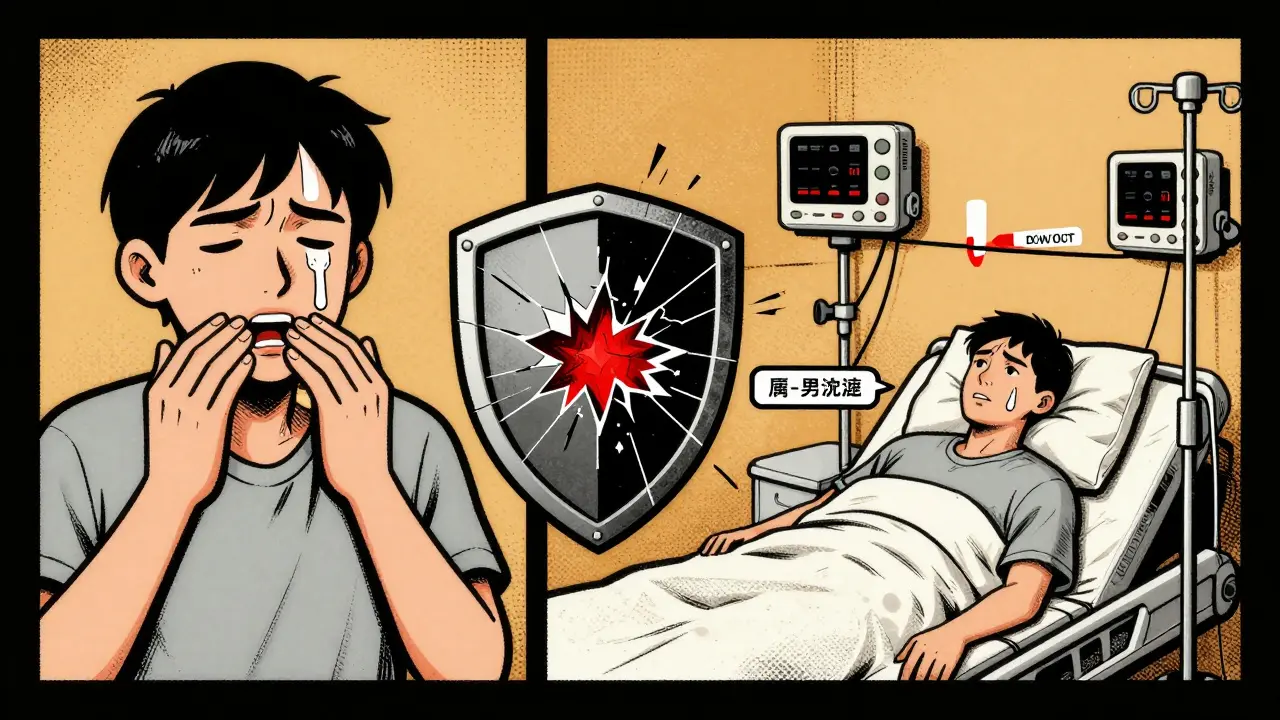 Split scene: patient ignoring symptoms vs. same person in ICU, symbolizing delayed care consequences.