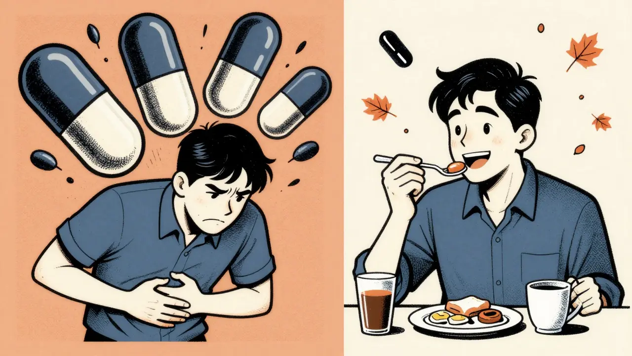 Split scene: person suffering from medication side effects vs. feeling better after two weeks.