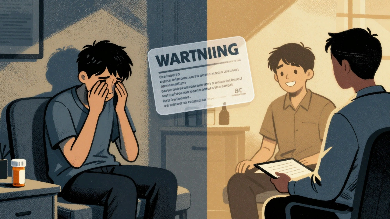 Split scene: teen in despair vs. teen in therapy, with ghostly warning label between them.