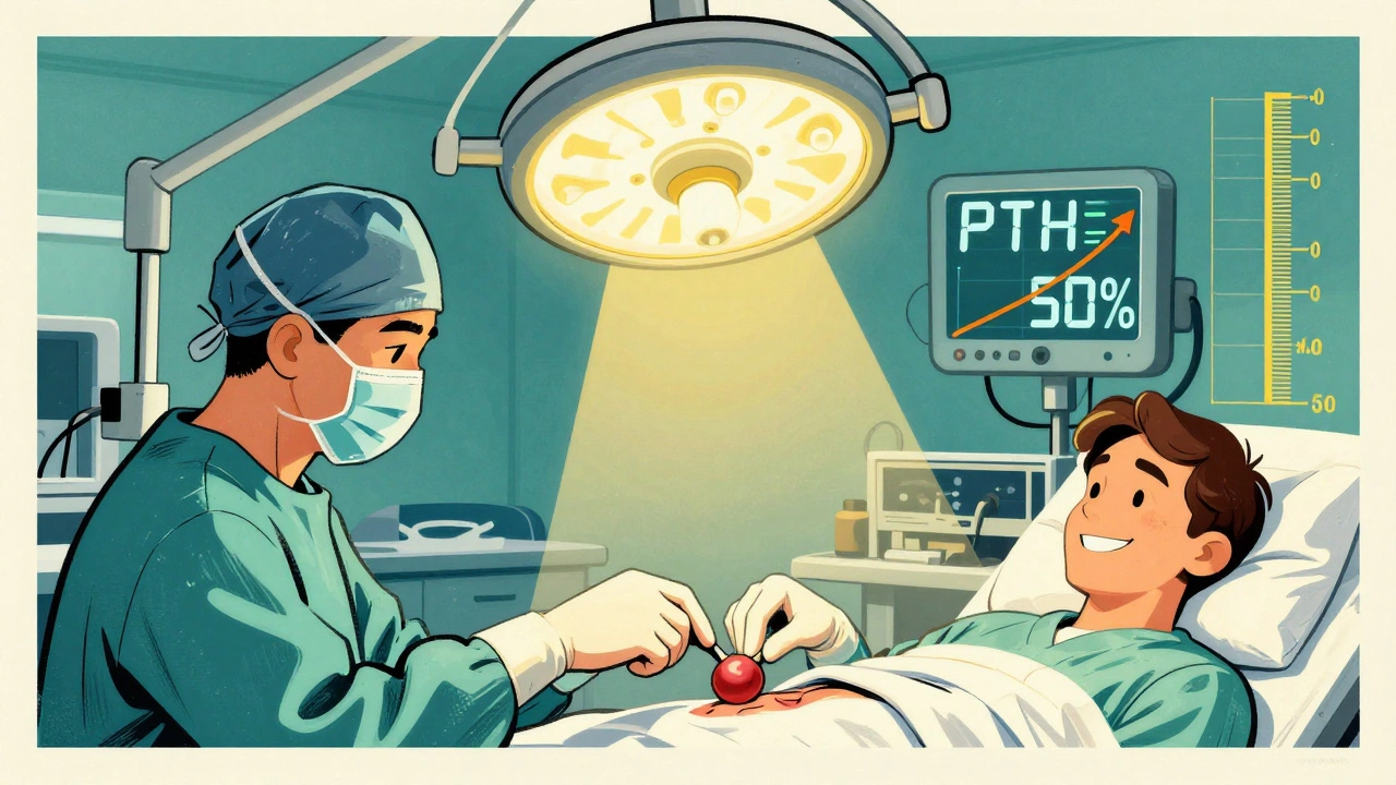 Surgeon removing a parathyroid gland as PTH levels drop and bone density rises in a vintage medical poster style.