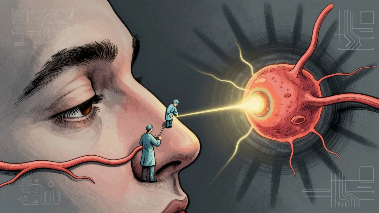 Surgical pathway through the nose targeting a pituitary tumor, with optic nerves and AI elements in background.