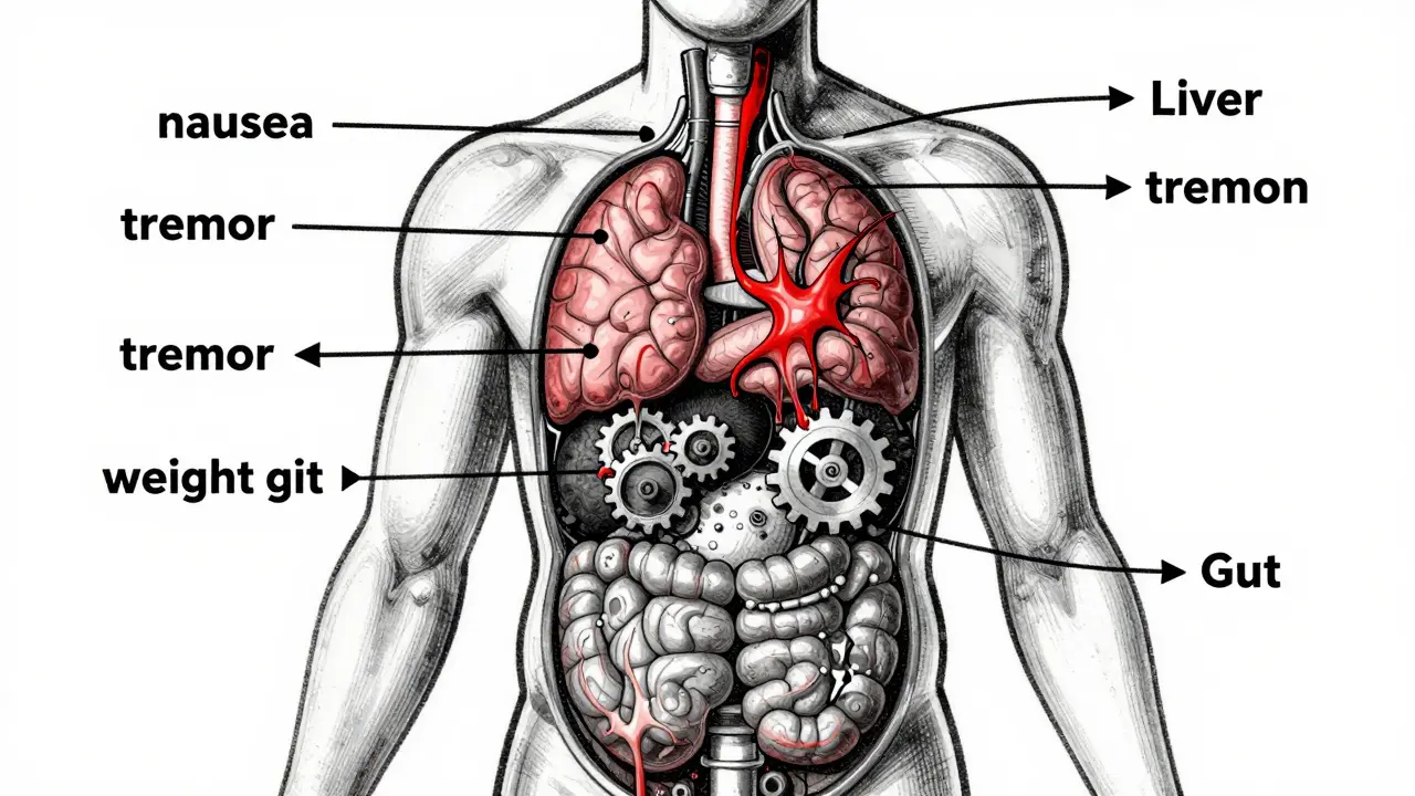 Transparent human body showing organs adapting to medication, with fading and persistent side effects.