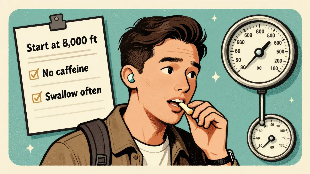 Traveler wearing EarPlanes earplugs and jaw-wiggling with a vintage-style pressure checklist floating nearby.