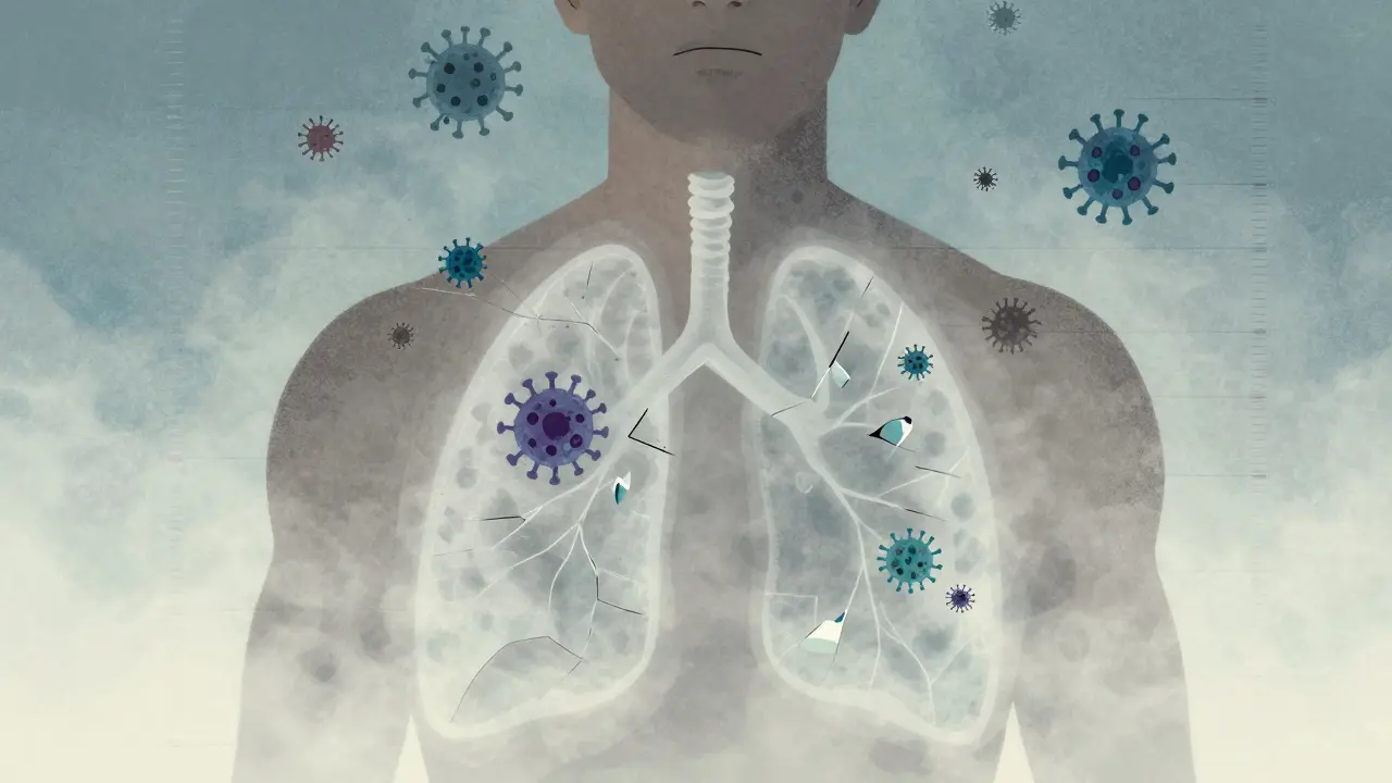 Viral pneumonia spreading as hazy fog through both lungs, with flu and COVID icons in muted tones.