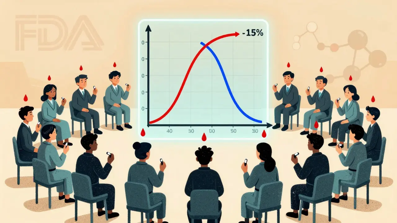 24 volunteers in a lab with blood droplets feeding into a graph showing bioequivalence curves within a defined range.