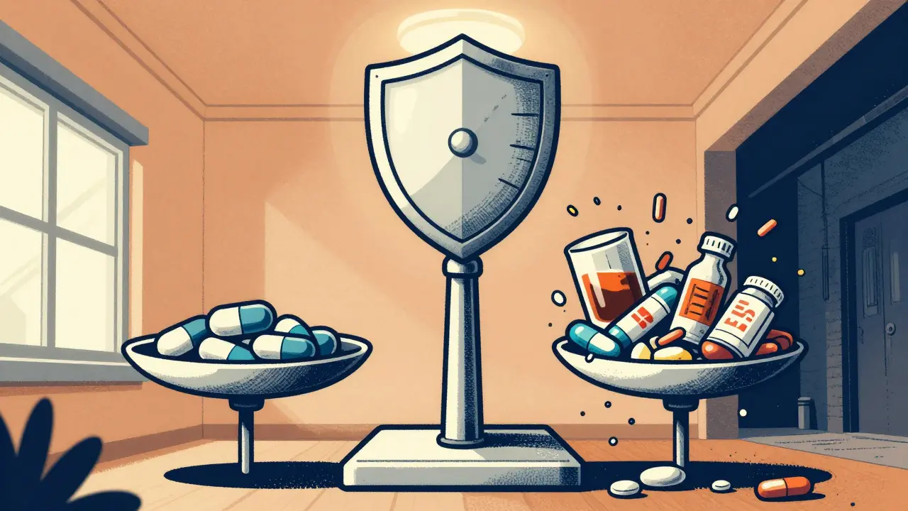 A medical scale tipping under mixed drugs, buprenorphine balanced safely under a glowing ceiling line.