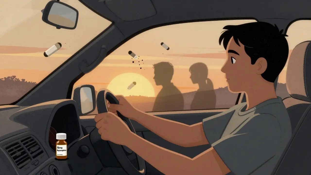 A person driving peacefully with a buprenorphine pill bottle, opioids crumbling behind them in shadow.