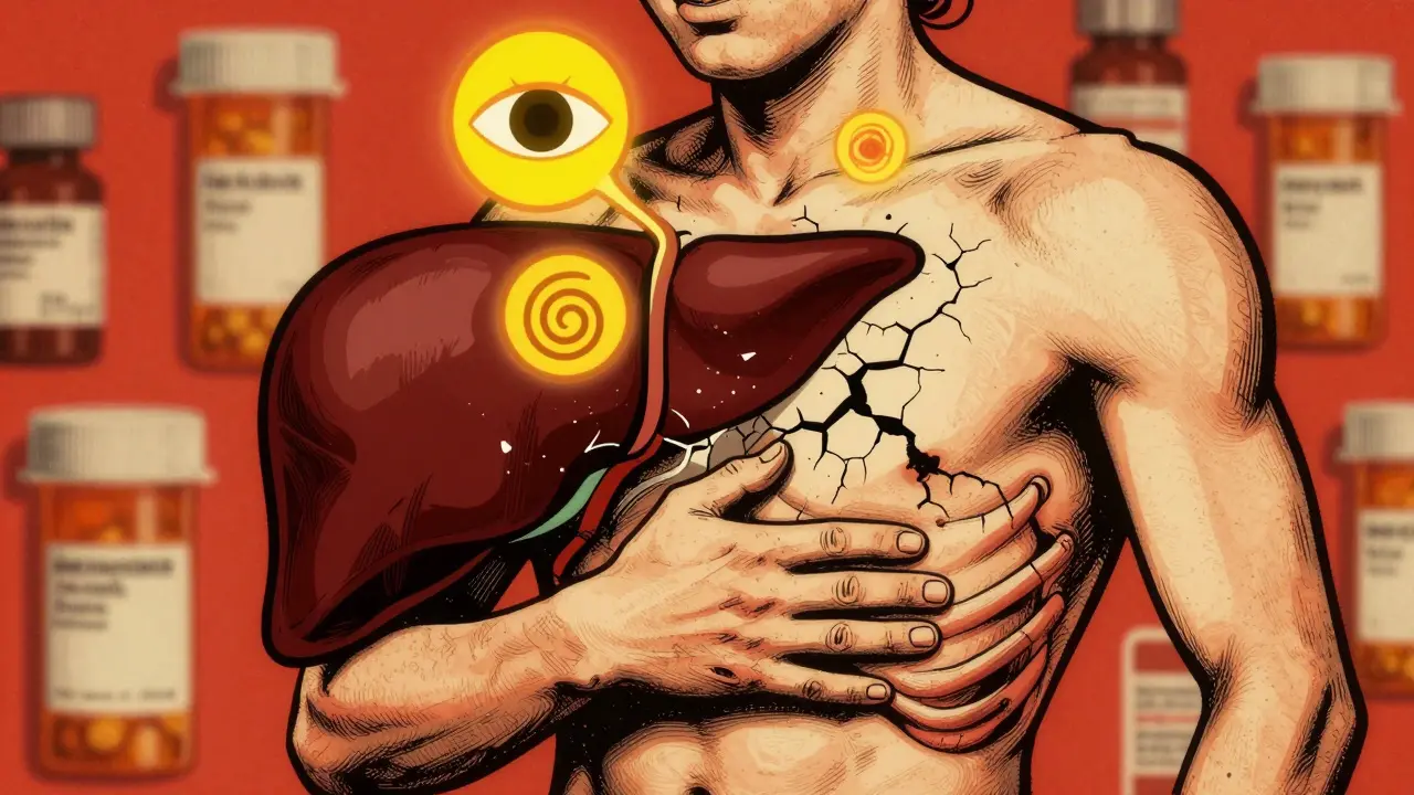 A person in pain with a cracked liver behind them, floating symbols of jaundice, dark urine, and itching in screenprint style.