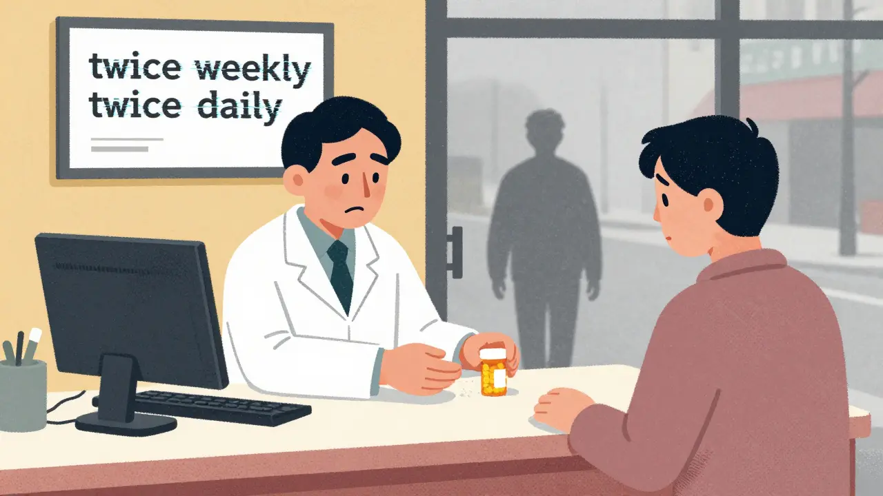A tired pharmacist hands a pill bottle to a patient in a quiet pharmacy, with a misread prescription on screen.