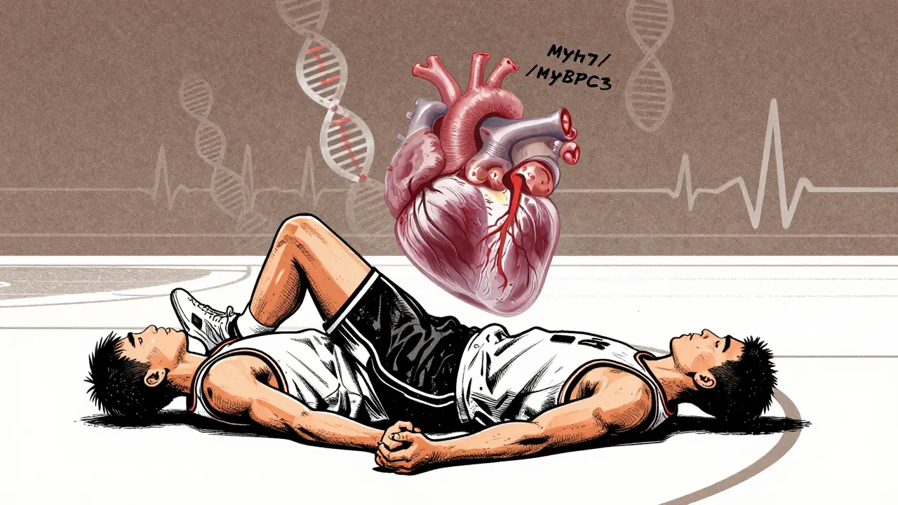 A young athlete collapsing with a genetic heart condition overlay, rendered in bold vintage illustration style.