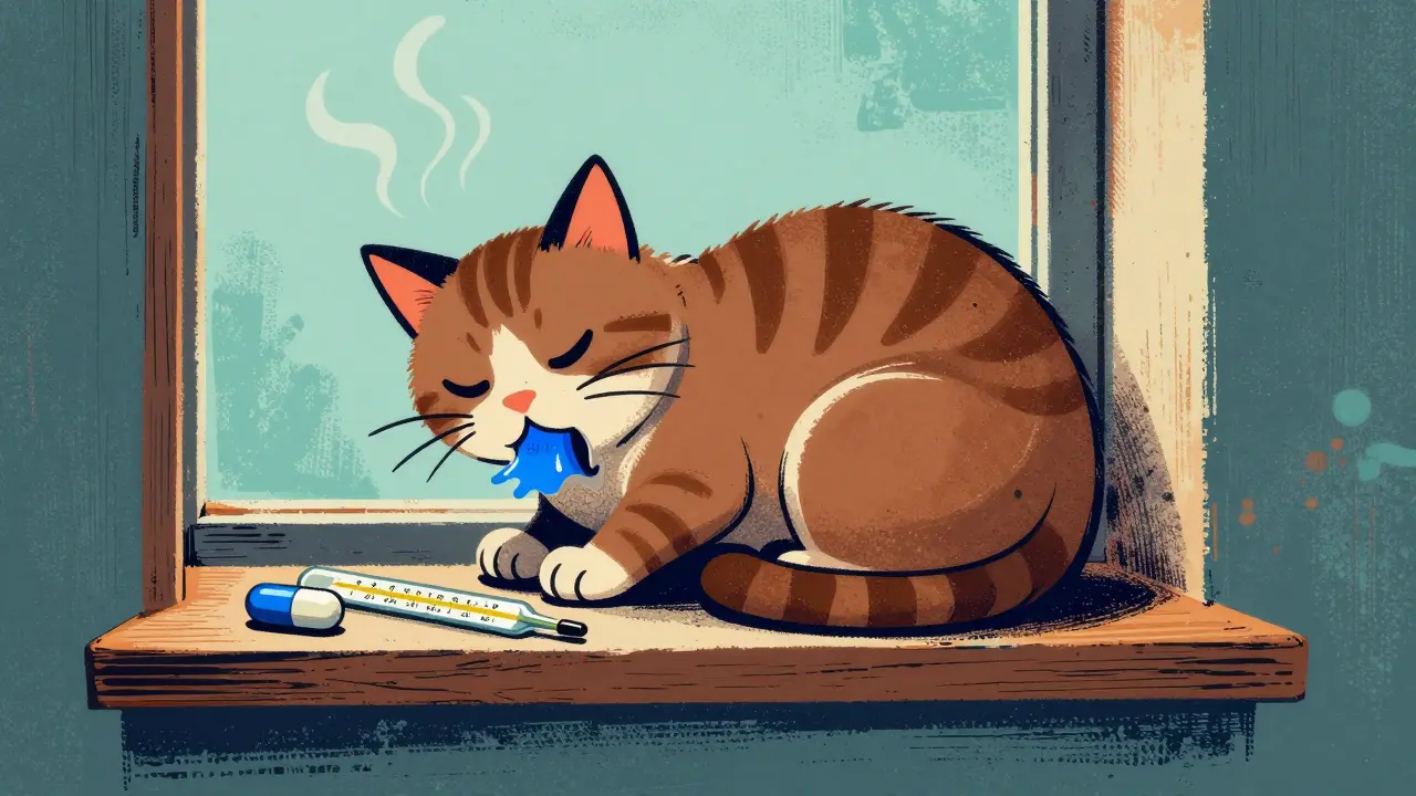 Cat with blue gums and labored breathing beside a single Effexor capsule and high fever thermometer.