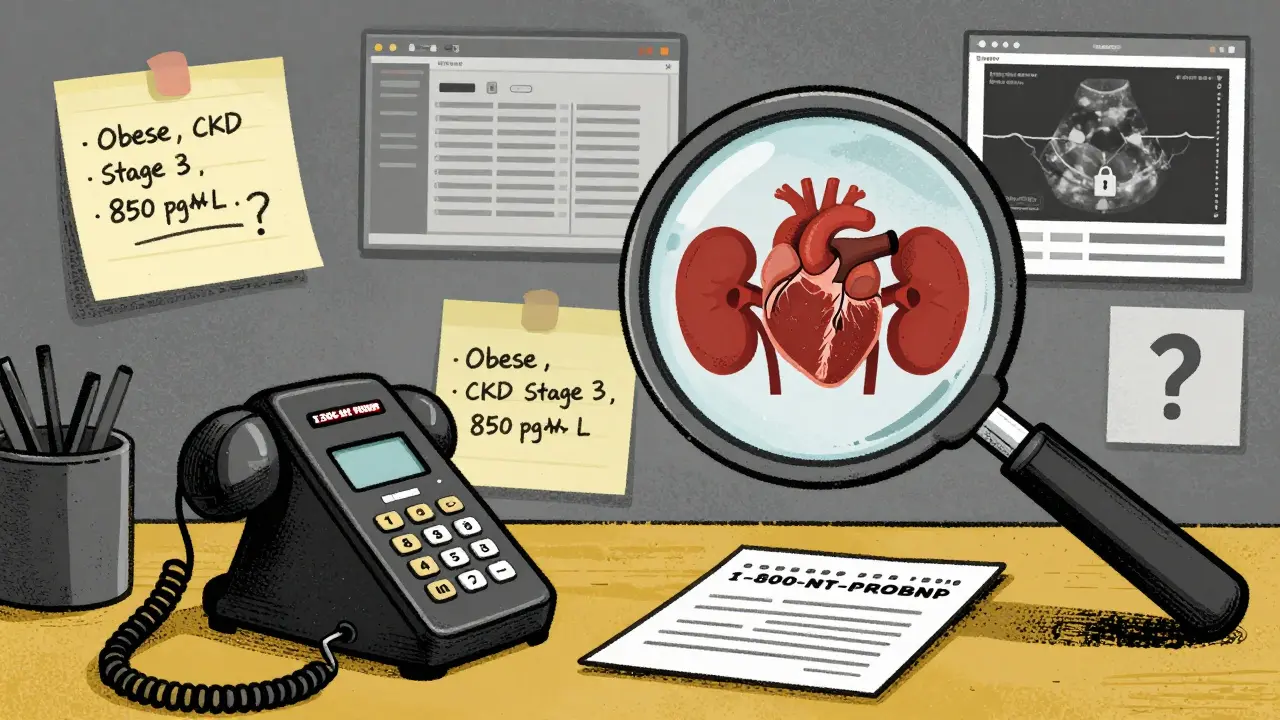 Cluttered desk with a ringing hotline phone, patient chart showing ambiguous NT-proBNP results and medical icons in debate.