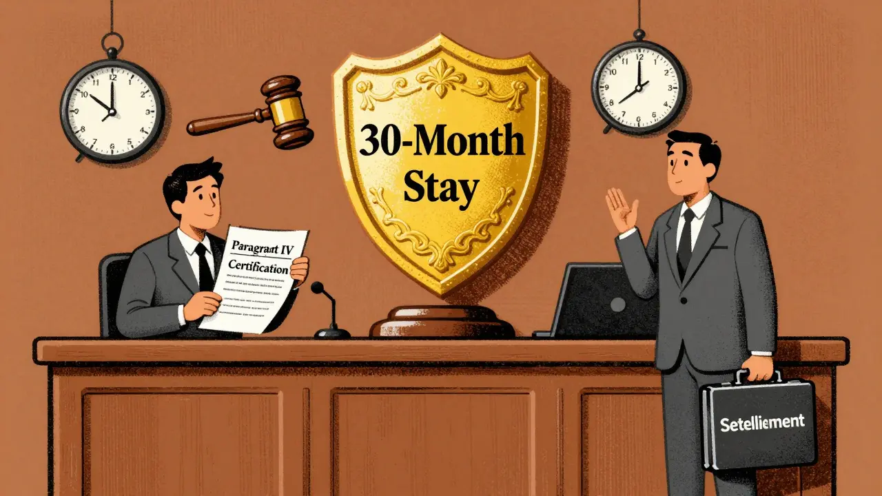Courtroom scene with generic drug logo challenging a patent shield under a ticking clock.