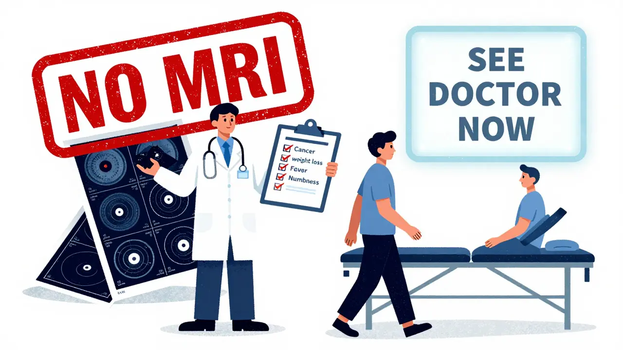 Doctor checking red flags while crushing unnecessary scans, patient walking toward urgent care sign.