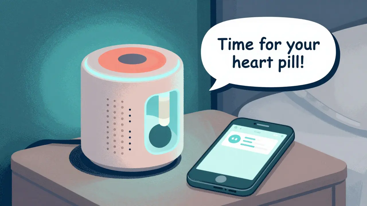 Electronic pill dispenser glowing on nightstand with smartphone alert and voice assistant reminder.