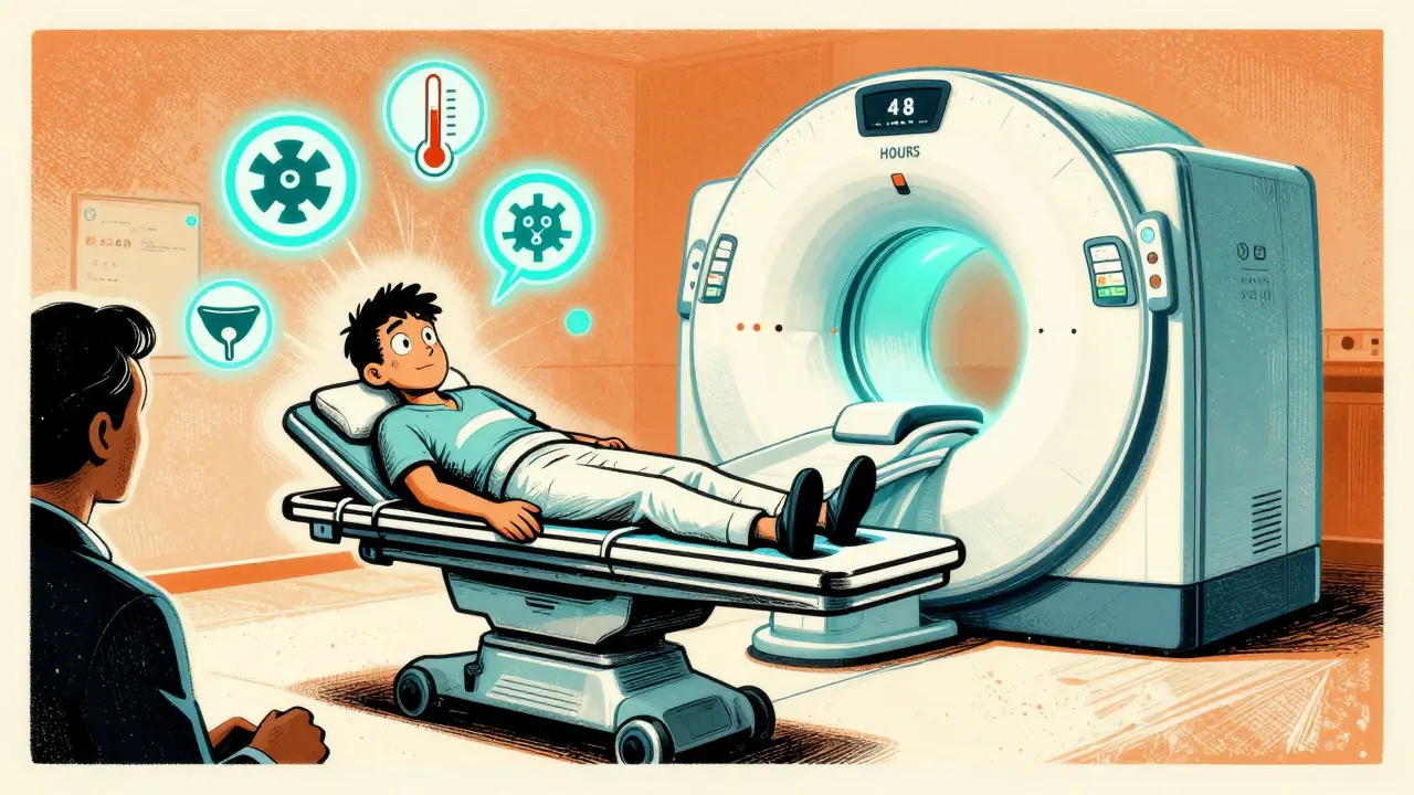 Emergency scene with patient rushing past a clock, glowing MRI, and floating medical warning icons.