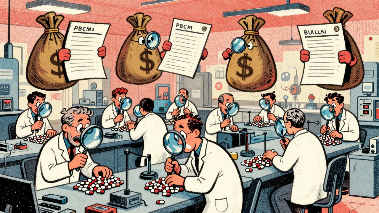 Factory workers assembling generic pills while PBMs negotiate prices above