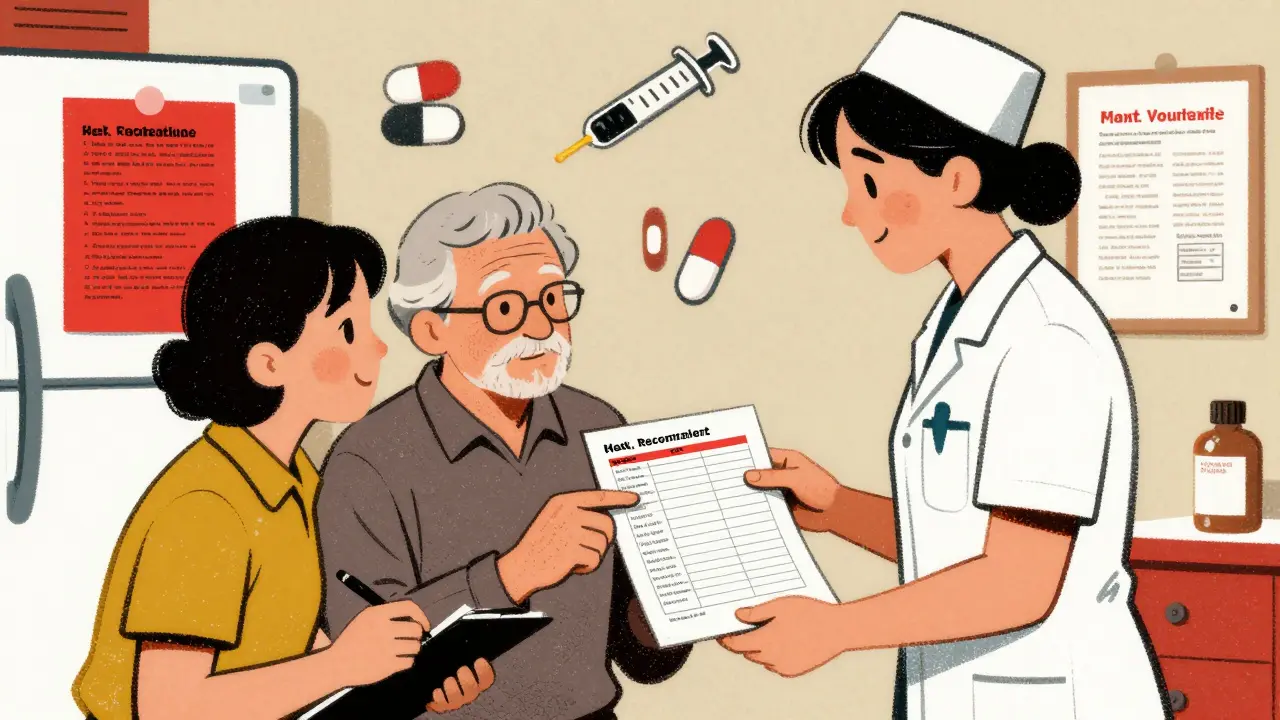 Family and healthcare team reviewing discharge medication list with emergency list visible on fridge.